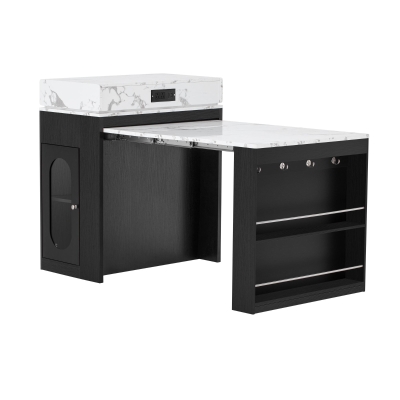 Extendable Dining Table with Folding Tabletop, Multi-Functional Kitchen Island with Drawers, 57.5" L x 32.5" W x 38" H, Black+White Marble