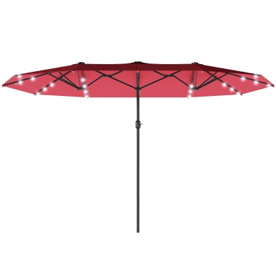 Outsunny 173.2" Double-Sided Sun Umbrella Garden Parasol Patio Sun Shade Outdoor with LED Solar Light, No Base Included, Wine Red