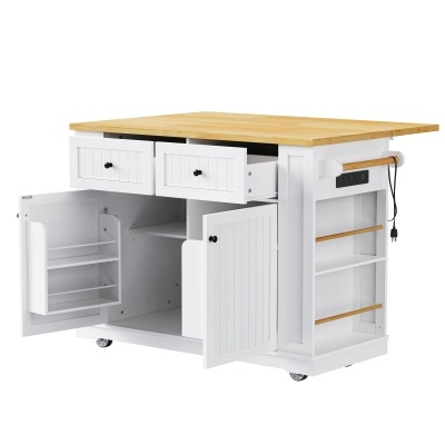 Generous Kitchen Island with 2 Deep Drawers and Drop Leaf, Rolling Storage Cart with Adjustable Shelves, 48'' L x 29.5'' W x 36.5'' H, White