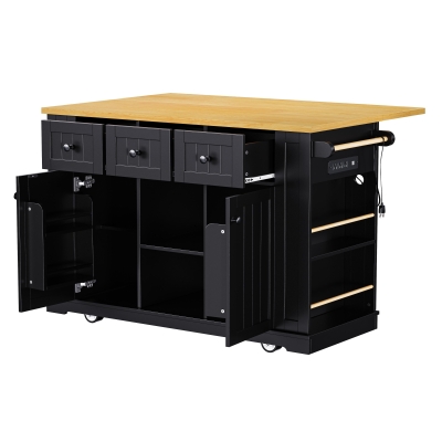 Versatile Kitchen Island with Adjustable Shelves & Drop Leaf, Rolling Kitchen Cart with 5 Hidden Casters, 53'' L x 29.5'' W x 36.5'' H, Black