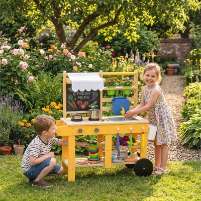 Qaba Mud Kitchen for Kids Outdoor with Wheels, Wooden Play Kitchen with Sink, Storage, Planting Pots, Blackboard, Yellow