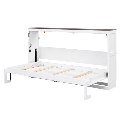 Twin-Size Murphy Bed with LED Light and Foldaway Cabinet, Space-Saving Wall Bed with Desk Conversion, 83" L x 45.5" W x 47" H, Brown+White