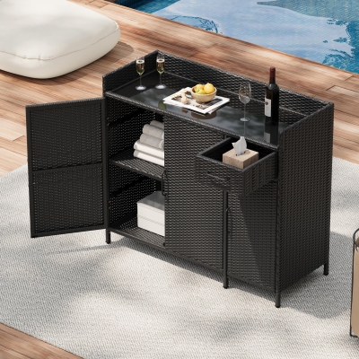 Outdoor Wicker Storage Cabinet with 3-Tier Adjustable Shelves, Stylish Bar Table for Garden, 47.5'' L x 16'' W x 39.5'' H, Black Brown