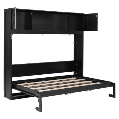 Space-Saving Full Size Murphy Bed with Fold-Down Design, Sturdy Storage Bed with 3 Upper Cabinets, 83" L x 60.5" W x 82" H, Black