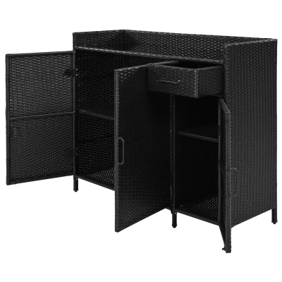 Outdoor Wicker Storage Cabinet with 3-Tier Adjustable Shelves, Stylish Bar Table for Garden, 47.5'' L x 16'' W x 39.5'' H, Black Brown