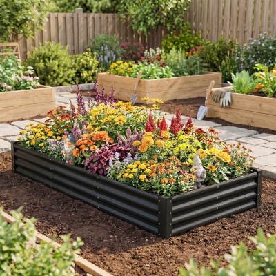 Outsunny 8 x 4 x 1ft Galvanized Raised Garden Bed, Reinforced Outdoor Planter Box with Open Bottom, Black