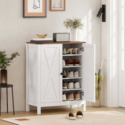 HOMCOM Shoe Cabinet with Barn Doors, Farmhouse Shoe Storage Cabinet with Adjustable Shelves, Holds up to 15 Pairs, White