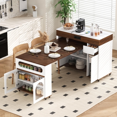 Extendable Rolling Kitchen Island with Folding Top, Versatile Kitchen Cart with Windows, 74" L x 43.5" W x 37.5" H, Creamy White+Walnut