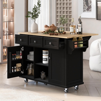Versatile Kitchen Island Cart with Rubberwood Drop-Leaf Countertop, Rolling Cart for Kitchen or Dining Area, 53'' L x 29.5'' W x 37'' H, Black