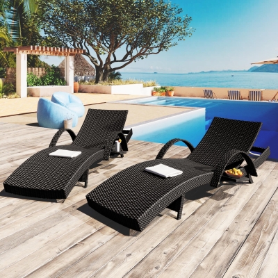 Set of 2 Outdoor Lounge Chairs with Pull‑Out Side Table, Ergonomic Recliners with 5‑Level Adjustable Backrest, 80'' L x 27'' W x 36'' H, Black