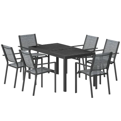 Outsunny Outdoor Dining Set for 6, Faux Wood Metal Patio Table and Mesh Stackable Chairs with Umbrella Hole, Black
