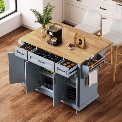 Rolling Kitchen Island with 4 Doors and Adjustable Shelves, Versatile Cart for Kitchen or Dining Room, 54'' L x 29.5'' W x 36'' H, Grey+Blue