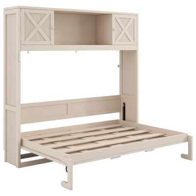 Stylish Murphy Bed with Storage Cabinets and X-Style Accent, Space-Saving Wall Bed with MDF Construction, 88" L x 67" W x 88.5" H, Beige
