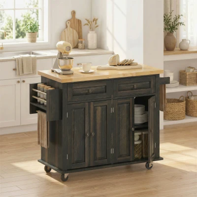 HOMCOM Kitchen Island Cart with Rubberwood Top & Storage, Brown Oak
