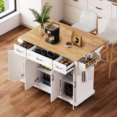 Rolling Kitchen Island with 3 Drawers and Adjustable Shelves, Stylish Kitchen Cart for Kitchen or Dining Area, 54'' L x 29.5'' W x 36'' H, White