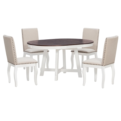 Farmhouse Dining Set with Upholstered High-Back Chairs, Sturdy Side Chair Set for Living Room, 58" L x 42" W x 30" H, Beige+Off White+Walnut