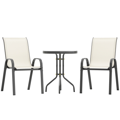 Outsunny 3 Pieces Bistro Set, Small Patio Furniture Set with Stackable Mesh Chairs, Glass Table for Garden, Balcony, Beige