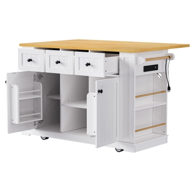 Versatile Kitchen Island with Adjustable Shelves & Drop Leaf, Rolling Kitchen Cart with 5 Hidden Casters, 53'' L x 29.5'' W x 36.5'' H, White