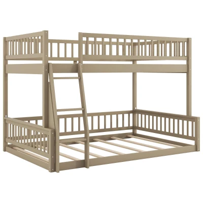 Convertible Full XL Over Queen Bunk Bed with Space-Saving Ladder, Stylish Loft Bed with Solid Wood Slats, 84" L x 62.5" W x 58.5" H, Walnut
