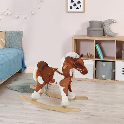 Qaba Kids Rocking Horse Plush Animal on Wooden Rockers with Sounds, Wooden Base, Baby Rocking Chair, Brown and White