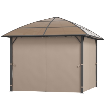 Outsunny 10' x 10' Outdoor Hardtop Gazebo Canopy with UV60+ Polycarbonate Roof, Steel Frame, Central Hook, Curtains, Khaki