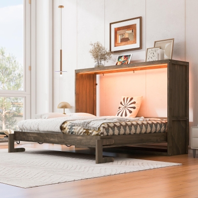 Full Size Murphy Bed with LED Light and Built‑In Desk, Foldable Platform Bed with Smooth Hydraulic Lift, 83" L x 60.5" W x 62" H, Brown