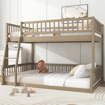 Convertible Full XL Over Queen Bunk Bed with Space-Saving Ladder, Stylish Loft Bed with Solid Wood Slats, 84" L x 62.5" W x 58.5" H, Walnut