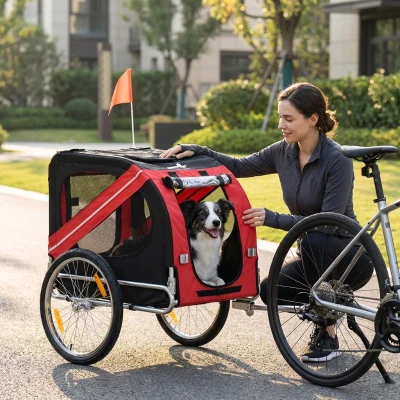 Aosom Dog Bike Trailer, Pet Cart with Large Wheels, Red/Black