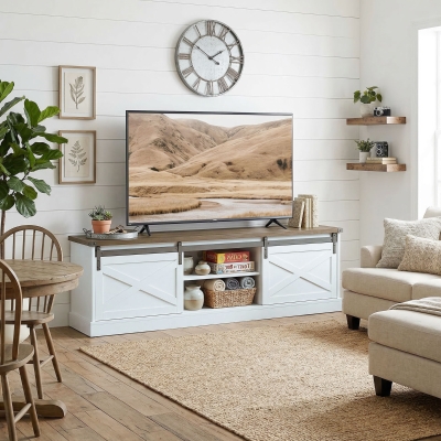 HOMCOM TV Stand for TVs up to 65 Inch, Entertainment Center with Shelves, Cabinets, Sliding Barn Doors, Thick Top, White