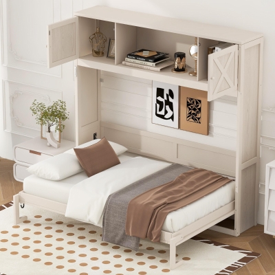 Space-Saving Full Size Murphy Bed with Fold-Down Design, Sturdy Storage Bed with 3 Upper Cabinets, 83" L x 60.5" W x 82" H, Beige