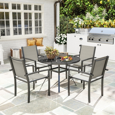 Outsunny 5 Piece Outdoor Dining Set with Round Table and 4 Stackable Chairs, for Backyard, Lawn, Deck, Balcony, Pool Side