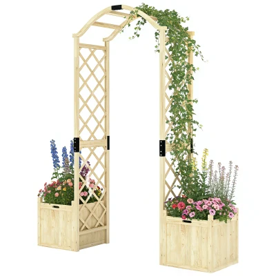 Outsunny Wooden Garden Arch with 2 Planter Boxes, Arch Trellis for Climbing Plants, Decorative Arbor Archway, Natural Wood