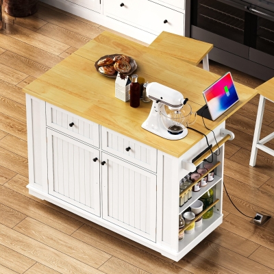 Generous Kitchen Island with 2 Deep Drawers and Drop Leaf, Rolling Storage Cart with Adjustable Shelves, 48'' L x 29.5'' W x 36.5'' H, White