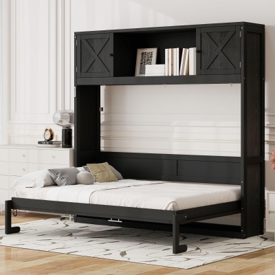Stylish Murphy Bed with Storage Cabinets and X-Style Accent, Space-Saving Wall Bed with MDF Construction, 88" L x 67" W x 88.5" H, Black