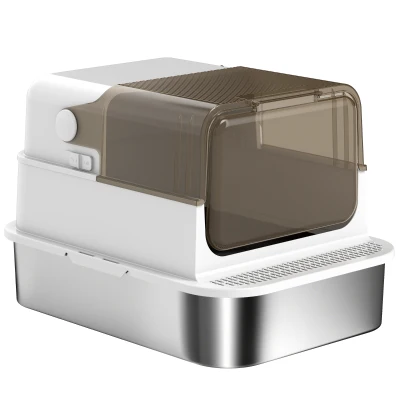 PawHut Stainless Steel Cat Litter Box, Easy-Clean Enclosure with Scoop & Flip Lid, 27.6" L x 19.7" W x 18.3" H, White