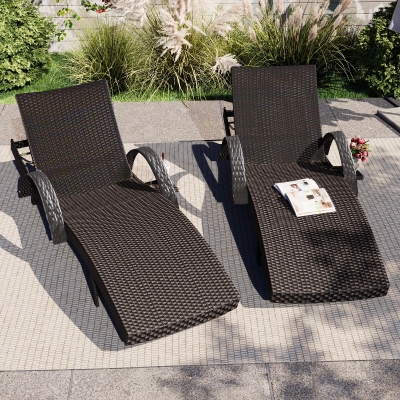 Set of 2 Outdoor Wicker Chaise Lounge with Adjustable Backrest, Ergonomic Recliners with Side Table, 80'' L x 27'' W x 36'' H, Dark Brown