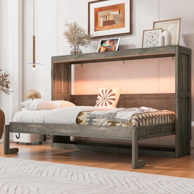 Twin-Size Murphy Bed with LED Light and Foldaway Cabinet, Space-Saving Wall Bed with Desk Conversion, 83" L x 45.5" W x 47" H, Brown