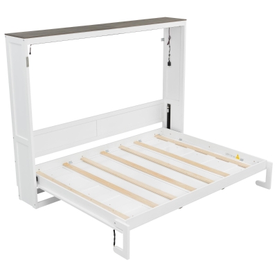 Space‑Saving Murphy Bed with Smooth Hydraulic Lift, Durable Fold‑Down Unit with Wood Slat Support, 88'' L x 67'' W x 68.5'' H, Brown+White