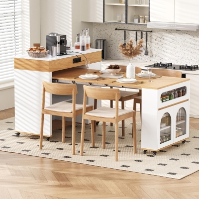 Extendable Rolling Kitchen Island with Folding Top, Versatile Kitchen Cart with Windows, 74" L x 43.5" W x 37.5" H, Creamy White+Natural