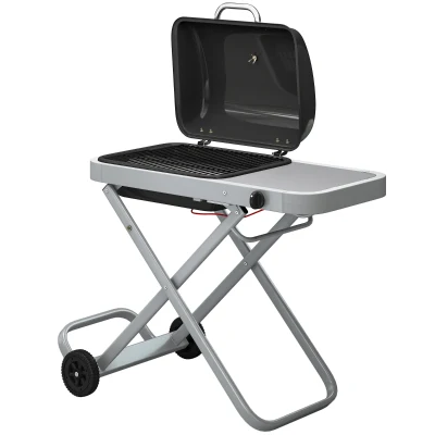 Outsunny Portable Propane Gas BBQ Grill with Foldable Cart, Wheels, 9500 BTU Gas Barbecue Grill with Piezo Ignition Burner, Black