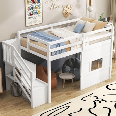 Stylish Twin Loft Bed with Storage Staircase and Window, Sturdy Bunk Bed with Full-Length Guardrails, 95" L x 41.5" W x 50" H, White