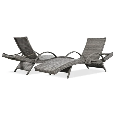 Set of 2 Outdoor Wicker Chaise Lounge with Adjustable Backrest, Ergonomic Recliners with Pull-Out Side Table, 80'' L x 27'' W x 36'' H, Grey