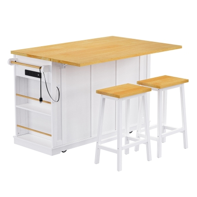 Modern White Kitchen Island Set with 2 Bar Stools, Versatile Kitchen Cart Set with Drop-Leaf Counter, 53" L x 29.5" W x 36.5" H, White