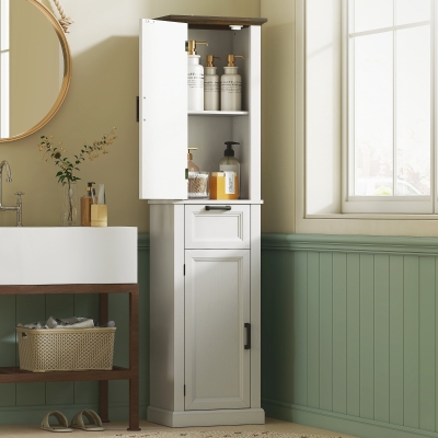 HOMCOM 65" Tall Bathroom Storage Cabinet, Freestanding Farmhouse Slim Bathroom Cabinet with 2 Doors, Shelves and Drawer, White