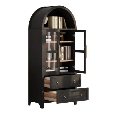 Arched Kitchen Pantry Cabinet with 2 Soft-Close Drawers, Modern Farmhouse Hutch for Living Areas, 30'' L x 15.5'' W x 71'' H, Black