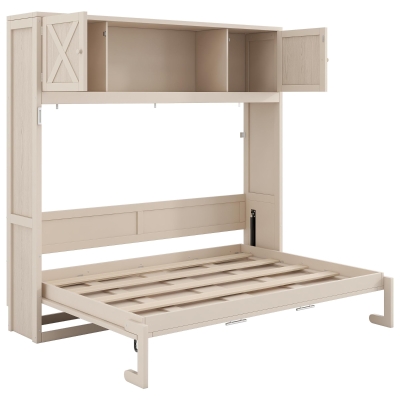 Space-Saving Full Size Murphy Bed with Fold-Down Design, Sturdy Storage Bed with 3 Upper Cabinets, 83" L x 60.5" W x 82" H, Beige