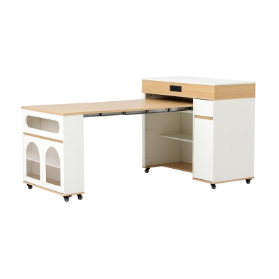Extendable Rolling Kitchen Island with Folding Top, Versatile Kitchen Cart with Windows, 74" L x 43.5" W x 37.5" H, Creamy White+Natural