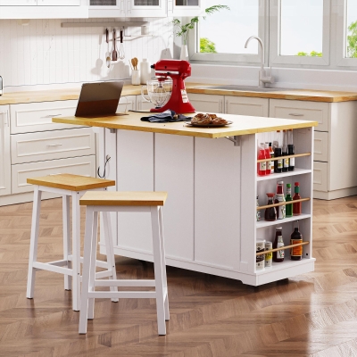 Modern White Kitchen Island Set with 2 Bar Stools, Versatile Kitchen Cart Set with Drop-Leaf Counter, 53" L x 29.5" W x 36.5" H, White