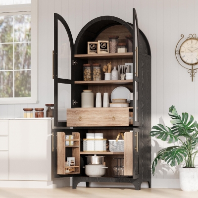 Arched Kitchen Pantry Cabinet with 4-Door Internal Racks, Flexible Storage Cabinet with Adjustable Shelves, 30'' L x 15.5'' W x 71'' H, Black