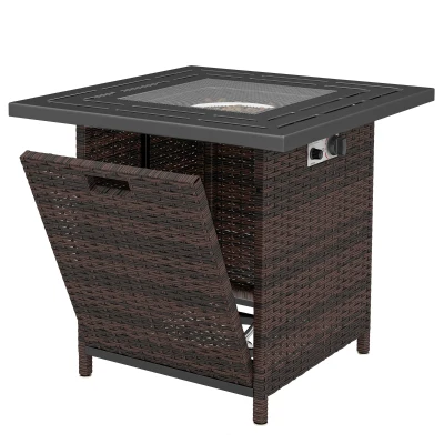 Outsunny Propane Fire Pit Table, 28 Inch 40,000 BTU Square Rattan Fire Table with Lava Rock, Pulse-Ignition Wicker Gas Fire Pit